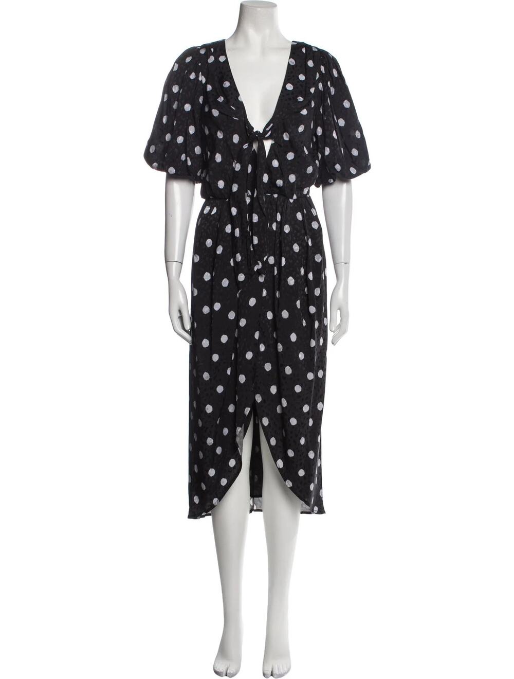 Delfi Collective Black White Polka Dot Tie Front Puff Sleeve Midi Dress Silk